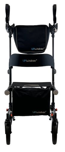 Black UPWalker stair climbing walker with a bag on a white background