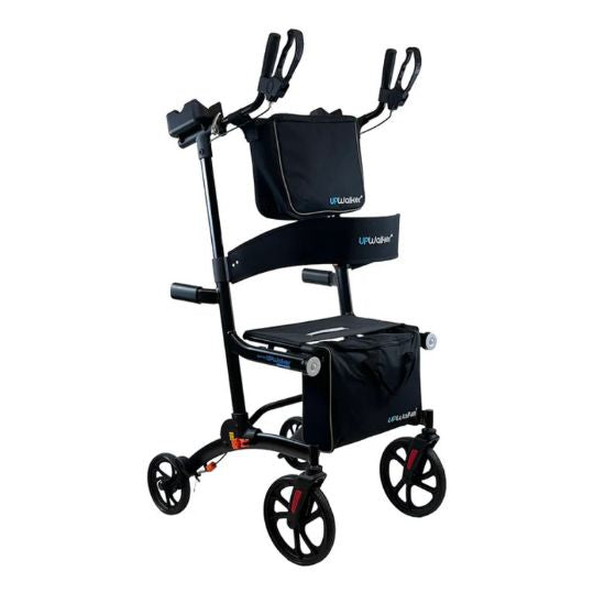 Black walker with seat and armrests on a white background