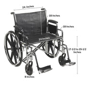 Wheelchair with labeled dimensions on a white background