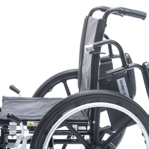 Close-up of a black wheelchair on a white background