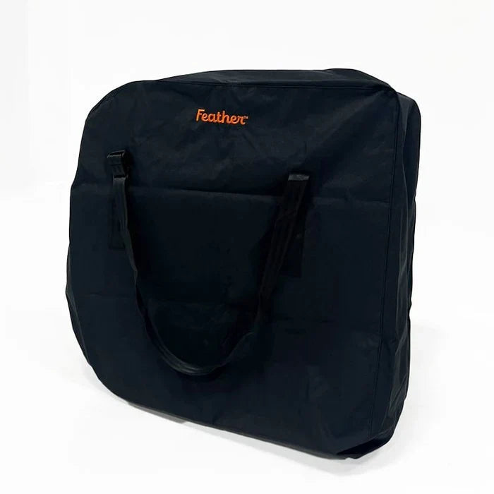 Black bag with 'Feather' branding on a white background
