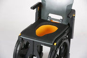 Wheelchair with an attached commode seat on a white background