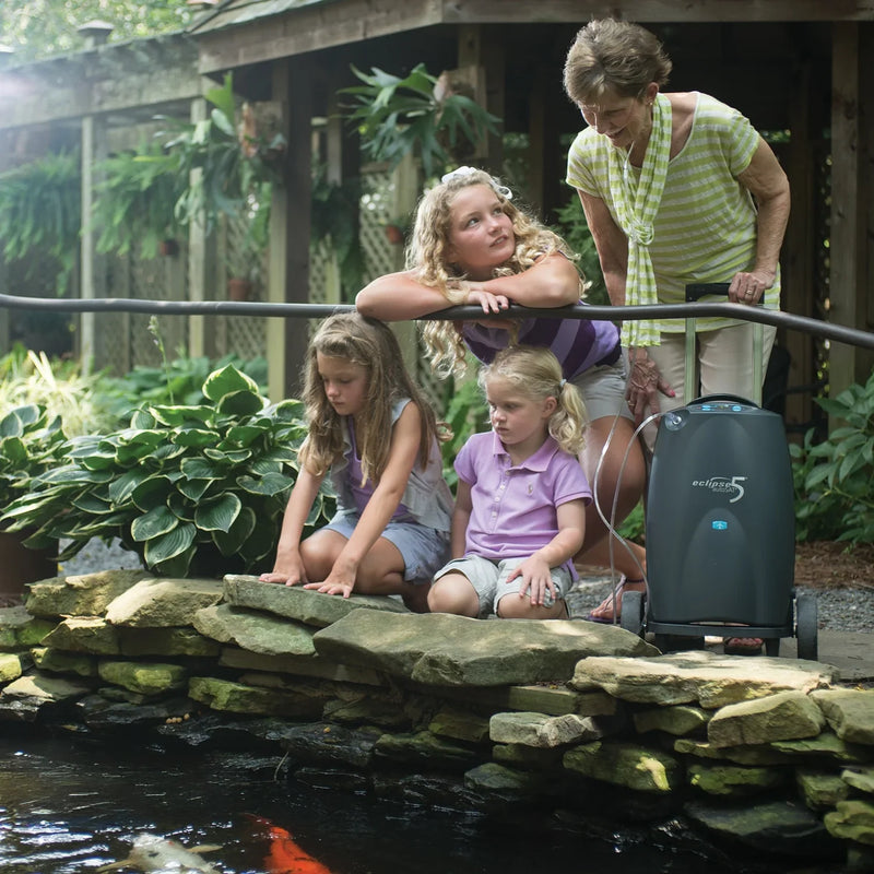 Woman and children by a pond with a concentrator device.