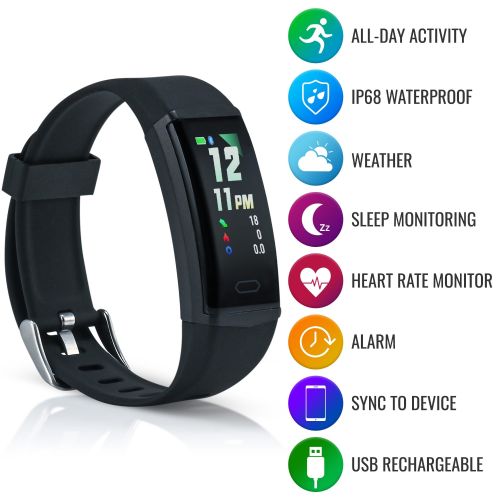 Black fitness tracker with features listed on a white background