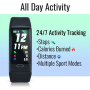 Fitness tracker with display showing time and activity tracking features on a gradient background