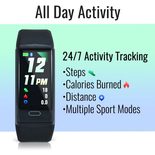 Fitness tracker with display showing time and activity tracking features on a gradient background