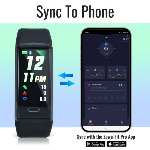 Smartwatch and smartphone displaying synchronization with Zewa-Fit Pro app on a gradient background