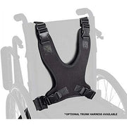 Black trunk harness attached to a wheelchair on a white background