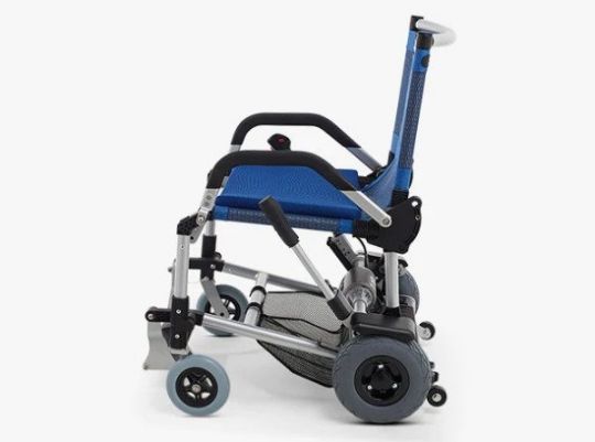Blue and silver folding wheelchair on a white background