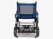 Blue and silver Zinger wheelchair on a white background