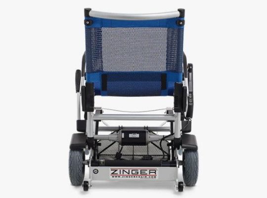 Blue and silver Zinger wheelchair on a white background