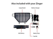 Diagram of Zinger product components including cargo basket, battery charger, 36V battery, battery keys, and tool kit on a white background.