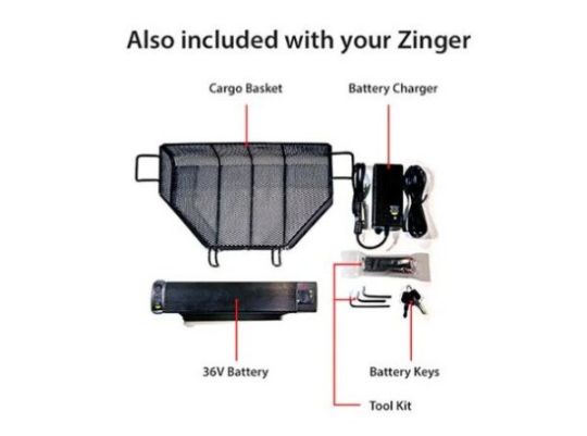 Diagram of Zinger product components including cargo basket, battery charger, 36V battery, battery keys, and tool kit on a white background.