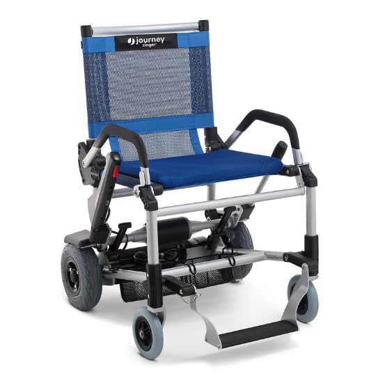 Blue and silver folding chair with 'journey singer' branding on a white background